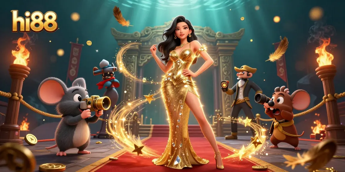 Experience the thrill of hi88 as a lavishly dressed character interacts with exciting casino elements.