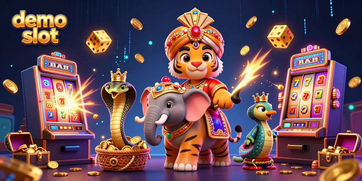Spin and win with exciting demo slot games in a colorful, vibrant casino scene filled with gold and jackpot symbols.
