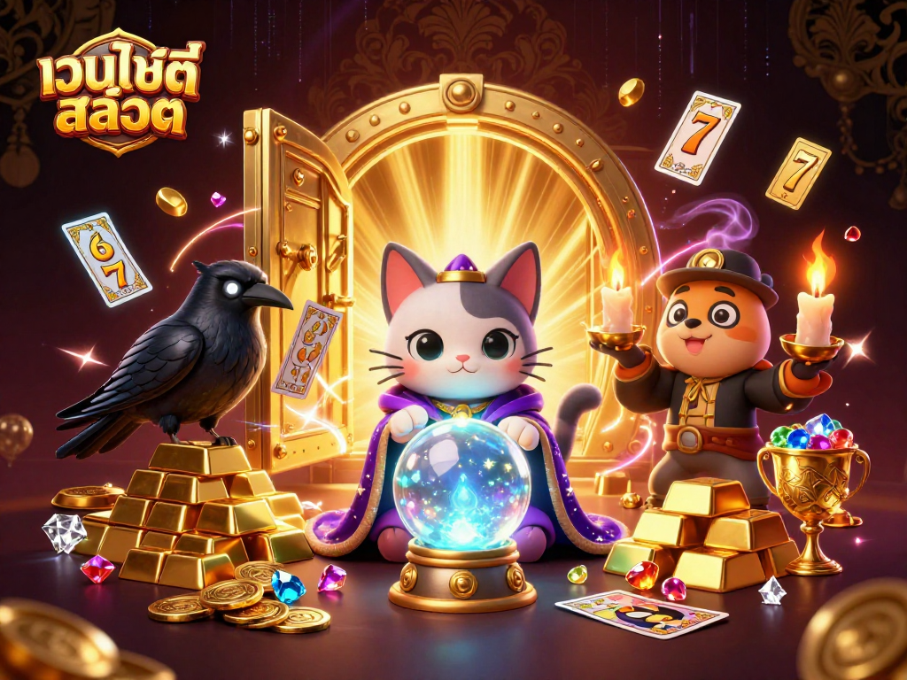 ภาพประกอบเว็บไซต์สล็อต ที่มีแมวทำนายโชค, นกที่แจกไพ่, และเปลวไฟเทียนระบำ