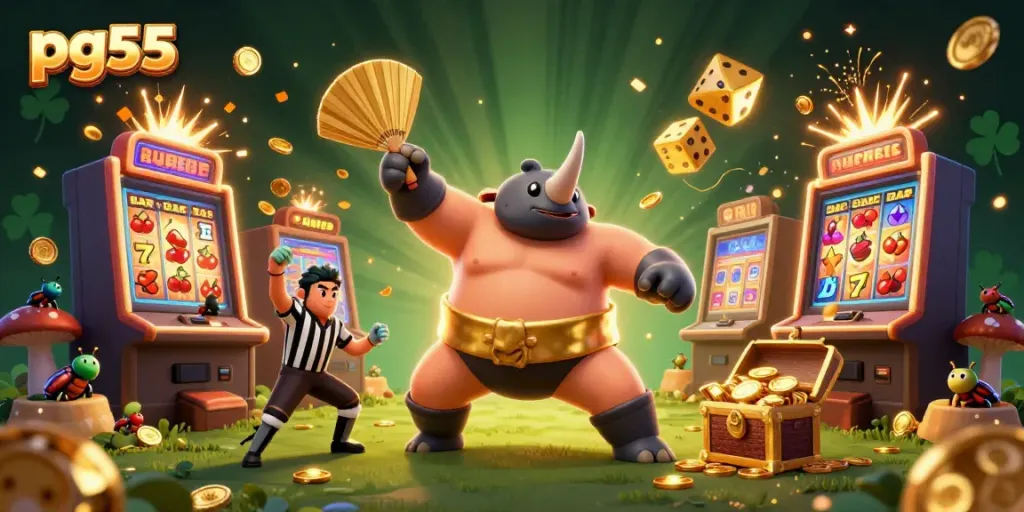 Engage in thrilling gaming at pg55 with a dynamic scene of the rhinoceros beetle sumo champion and casino elements.
