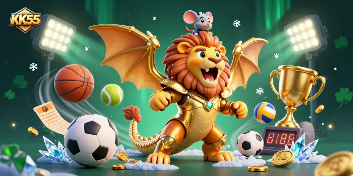 Engage with KK55's thrilling gaming universe featuring a cheerful chimera and sports elements in an exhilarating scene.