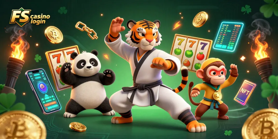 Engage with FS casino login through this vibrant 3D scene featuring a kung fu tiger, panda, and monkey amidst slot reels and crypto elements.