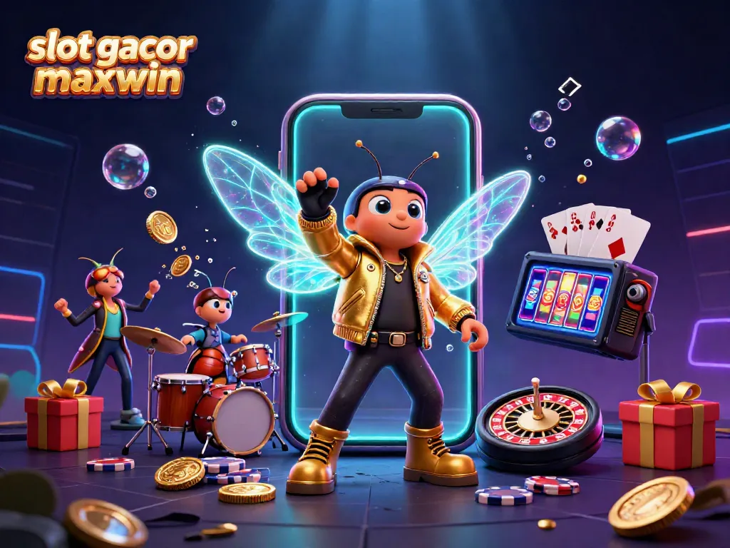 Slot gacor maxwin dengan cicada rock star dan elemen jackpot ceria di latar belakang neon.