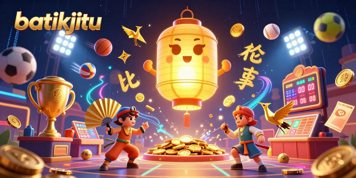 Batikjitu menampilkan lampion emas yang bersinar di kasino malam, dikelilingi oleh elemen olahraga dan simbol keberuntungan.