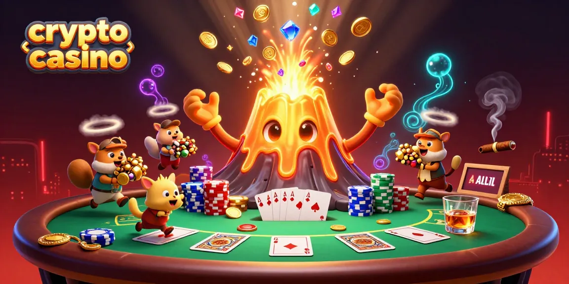 Experience the excitement of a crypto casino with vibrant treasure from a golden volcano and poker action.