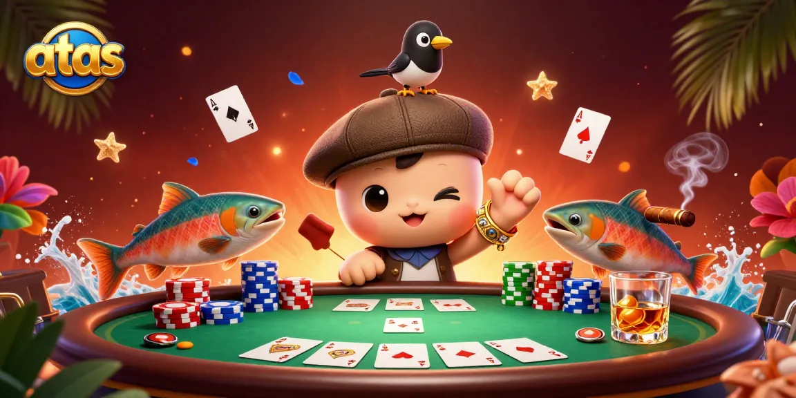 Engage with atas casino gaming featuring cartoon Nessie and a playful magpie surrounded by poker elements.