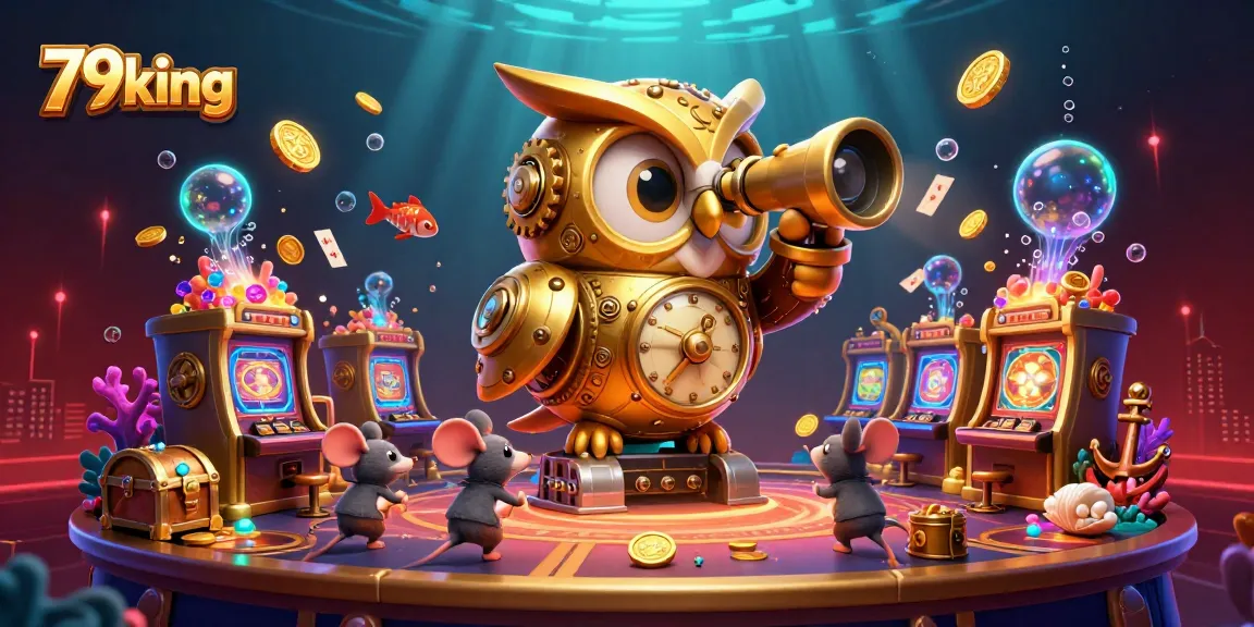 Experience the excitement of 79king with a vibrant casino scene featuring a golden owl and playful mouse patrons.