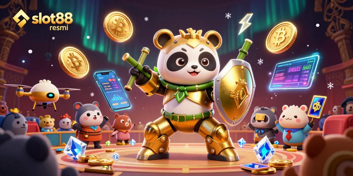 Menghadirkan slot88 resmi, panda emas 3D dalam robot bertarung di arena dengan koin kripto yang bersinar.