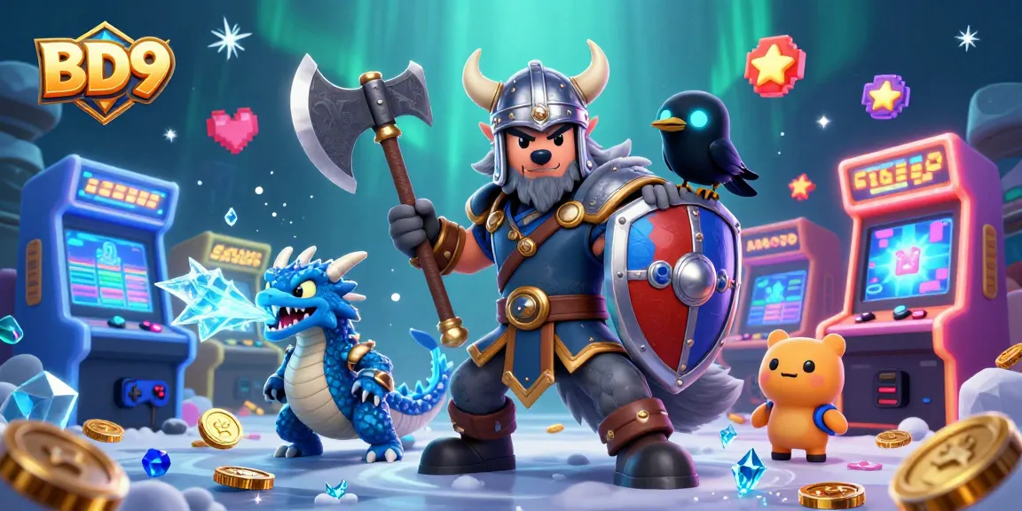 Experience BD9's thrilling gaming world with a Viking wolf warrior and dragon adventure.