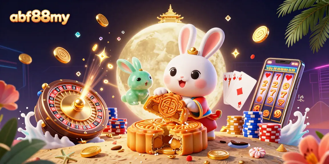 Engage with vibrant afb88my casino atmosphere featuring a charming moon rabbit, poker chips, and dynamic gaming elements.