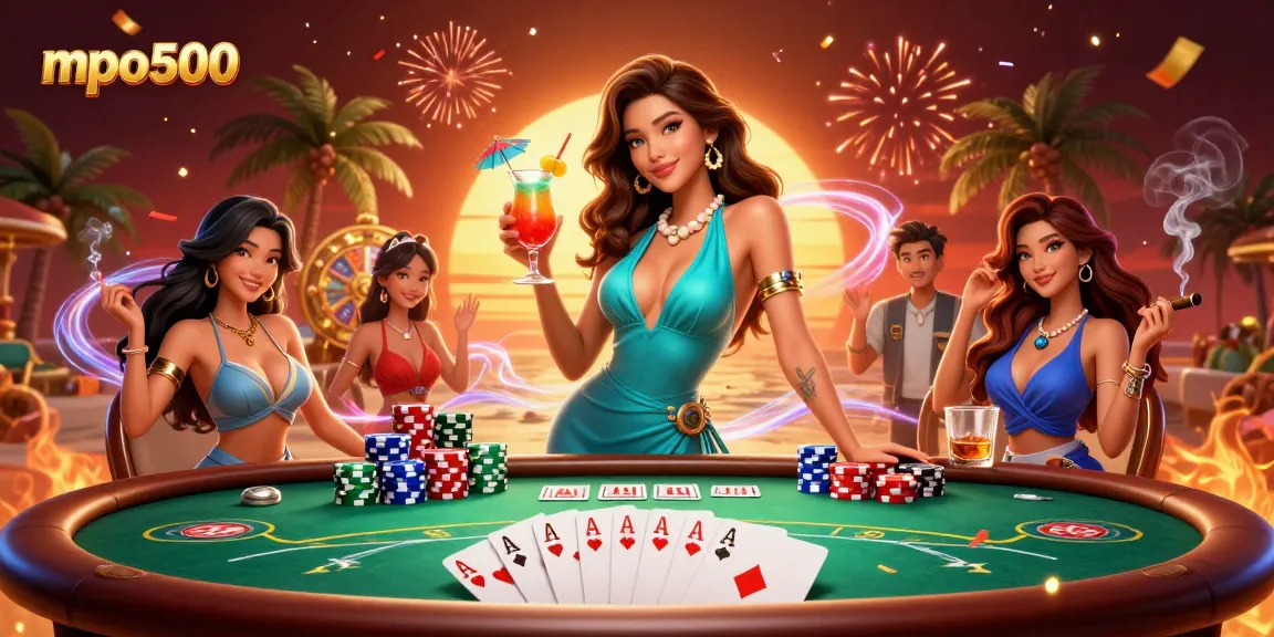 MPO500 enhances your gambling experience with vibrant casino scenes featuring poker and tropical cocktails.
