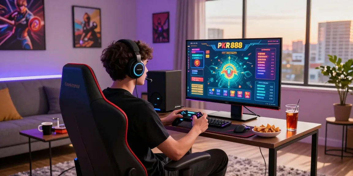 Gamer immersed in playing pkr-888 in a bright cozy living room.