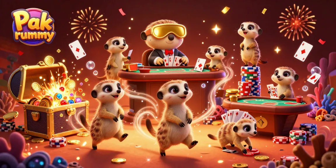 Experience thrilling Pak rummy gameplay with meerkats running a lively casino in this vibrant illustration.