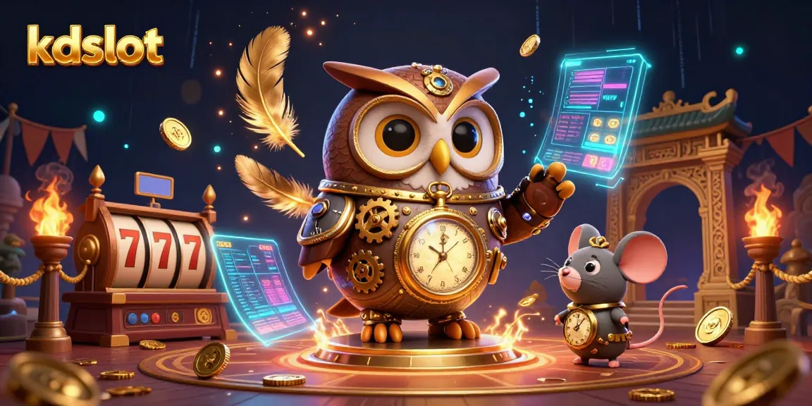 Engage with the exciting kdslot gambling world, featuring an owl and mouse amidst vibrant casino elements.