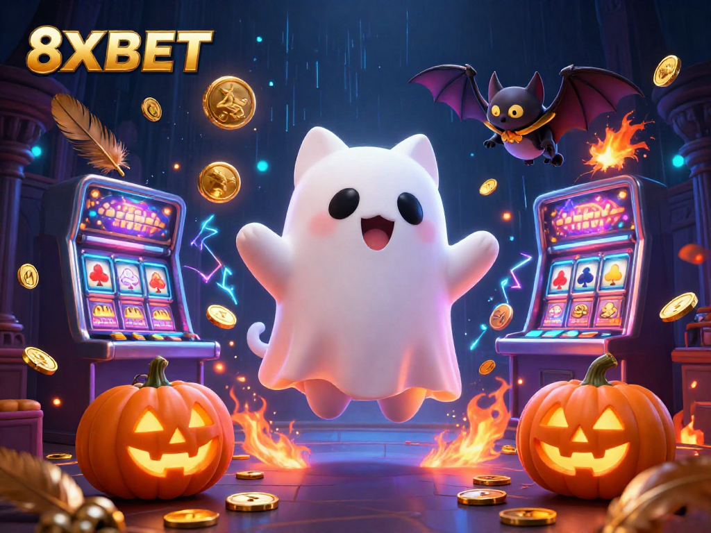 Play thrilling games at 8XBET, with ghost cat and vampire bat captivating in a haunted casino.