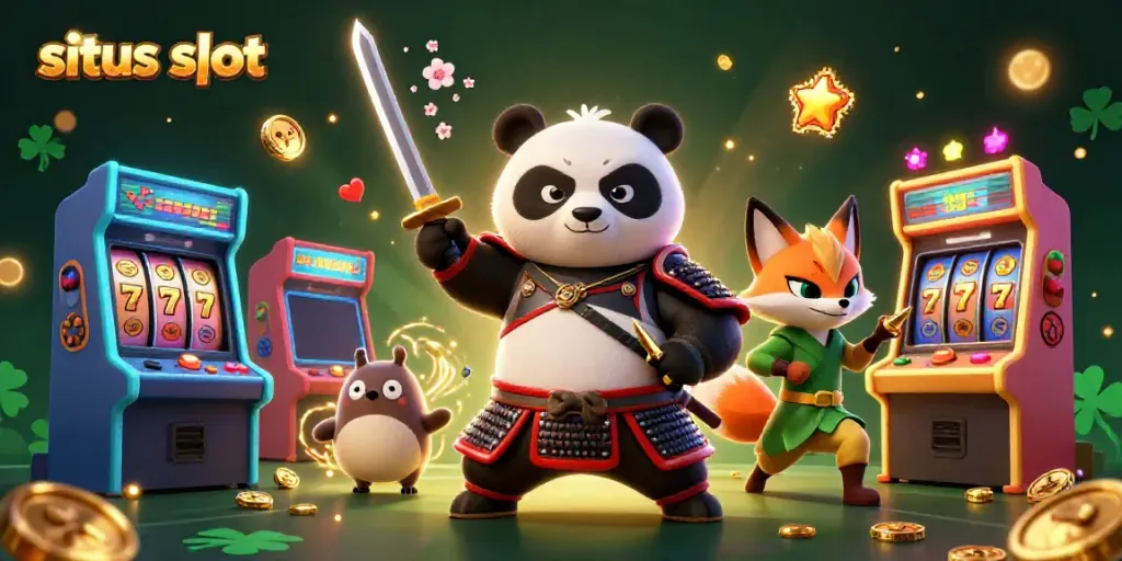 Experience the excitement of situs slot with a samurai panda and ninja fox in a vibrant casino scene.