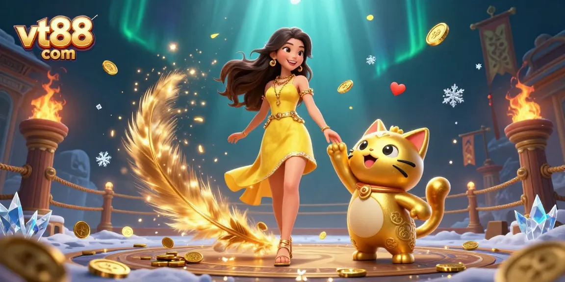Experience thrilling gameplay at vt88 com with a cheerful Asian woman interacting with a lucky cat mascot.