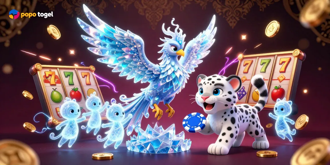 Experience the excitement of popo togel with an ice phoenix and gaming elements in a vibrant scene.
