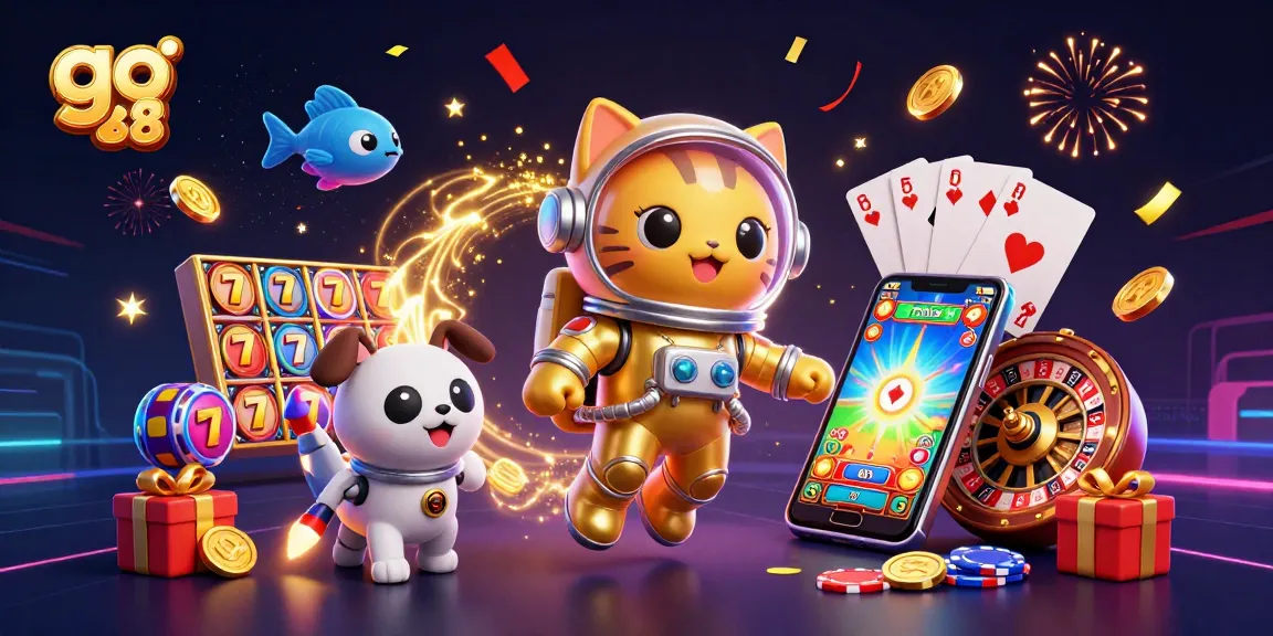 Experience go 88 gaming with a vibrant 3D digital illustration of a space cat, robot dog, and lively casino elements.