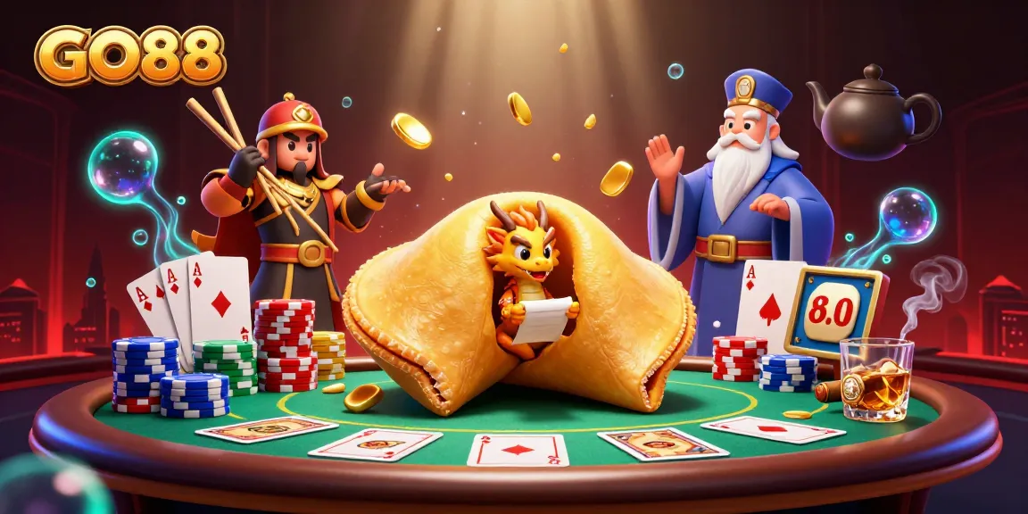 Engage in thrilling gameplay at GO88 with a 3D golden fortune cookie and poker action.