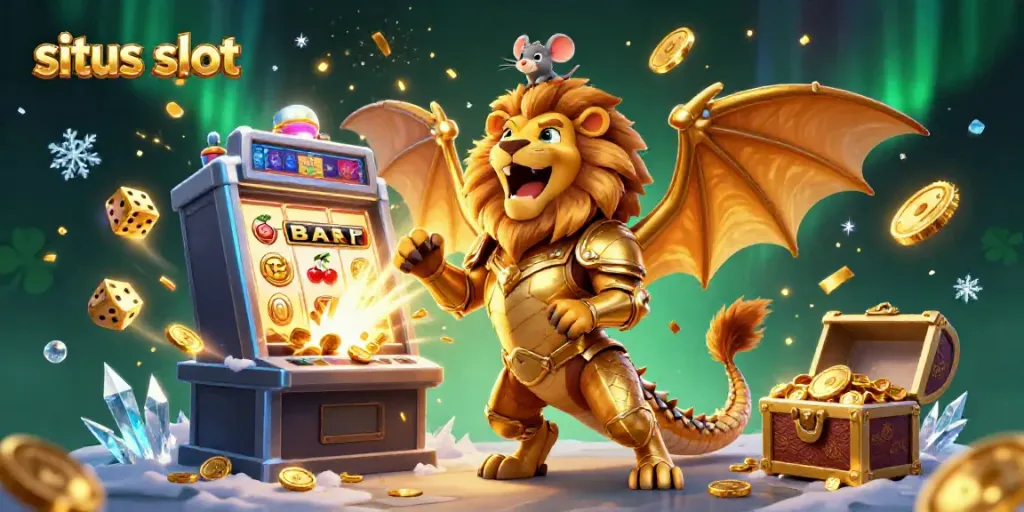 Explore exciting situs slot games with a triumphant chimera in a dynamic casino scene.