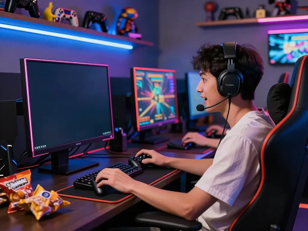 Engaged player enjoying akunjp online gaming in a vibrant setup with snacks and LED lights.