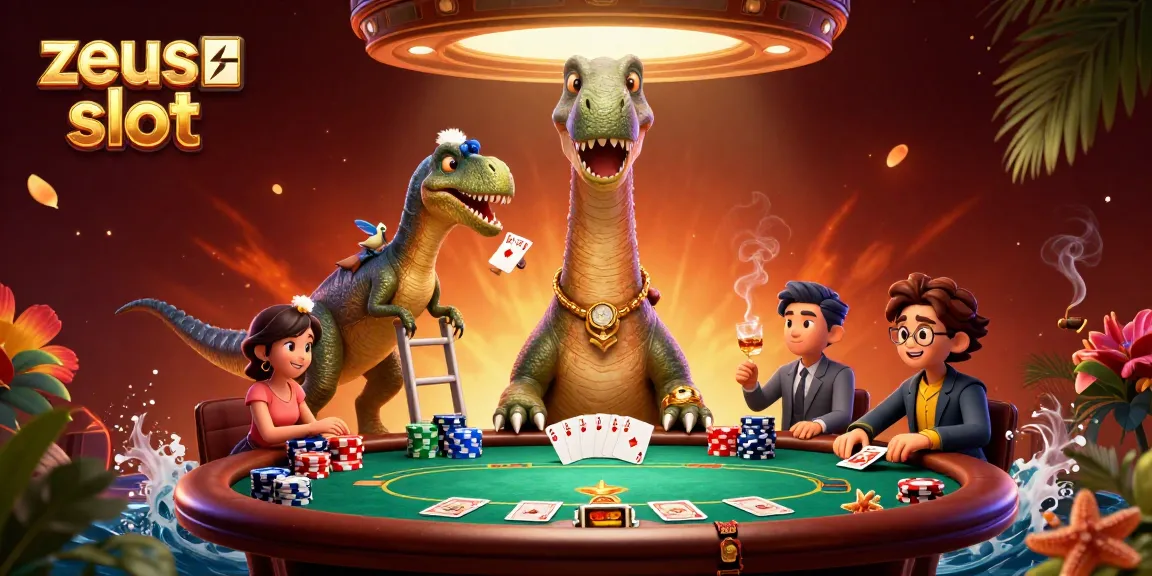 Experience the thrilling zeus slot game as a giant brontosaurus overlooks a lively poker scene.