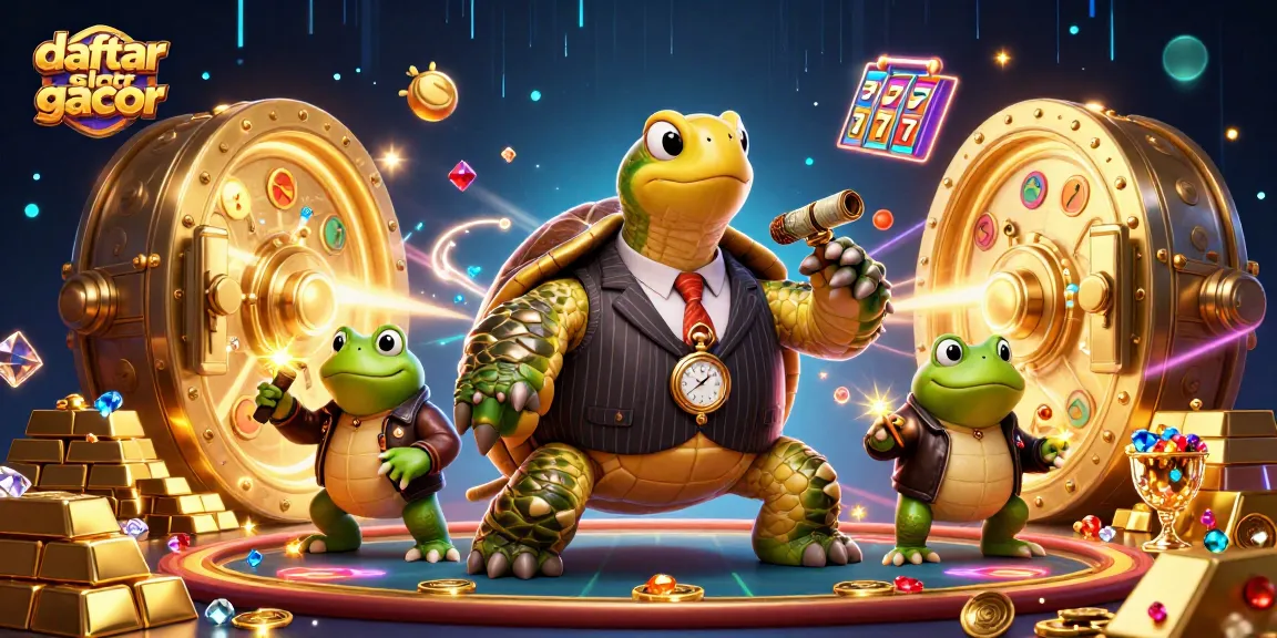 Engage with daftar slot gacor through a vibrant 3D casino scene featuring a turtle mobster and frog enforcers.