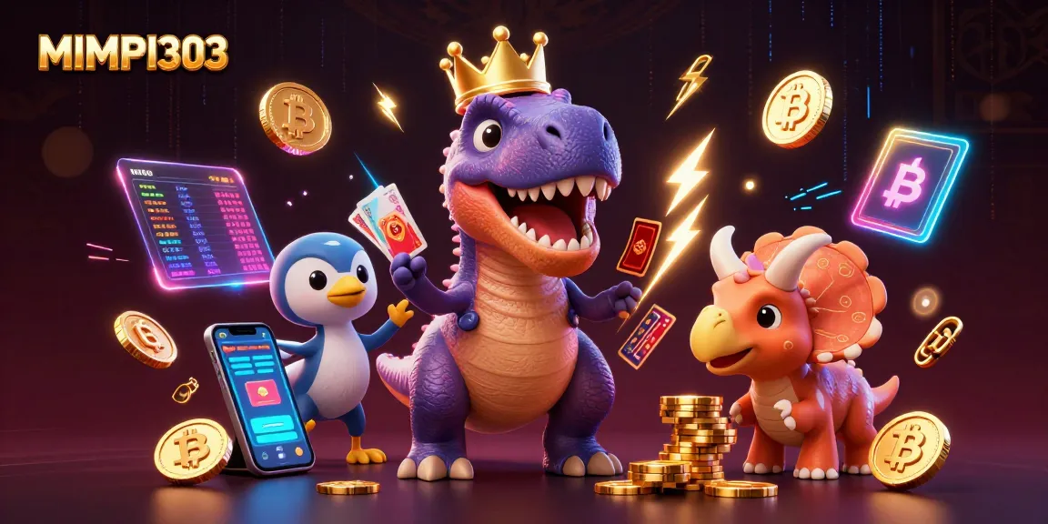 MIMPI303 showcases a T-Rex and friends engaging in lively casino action, enhancing your winning strategies.