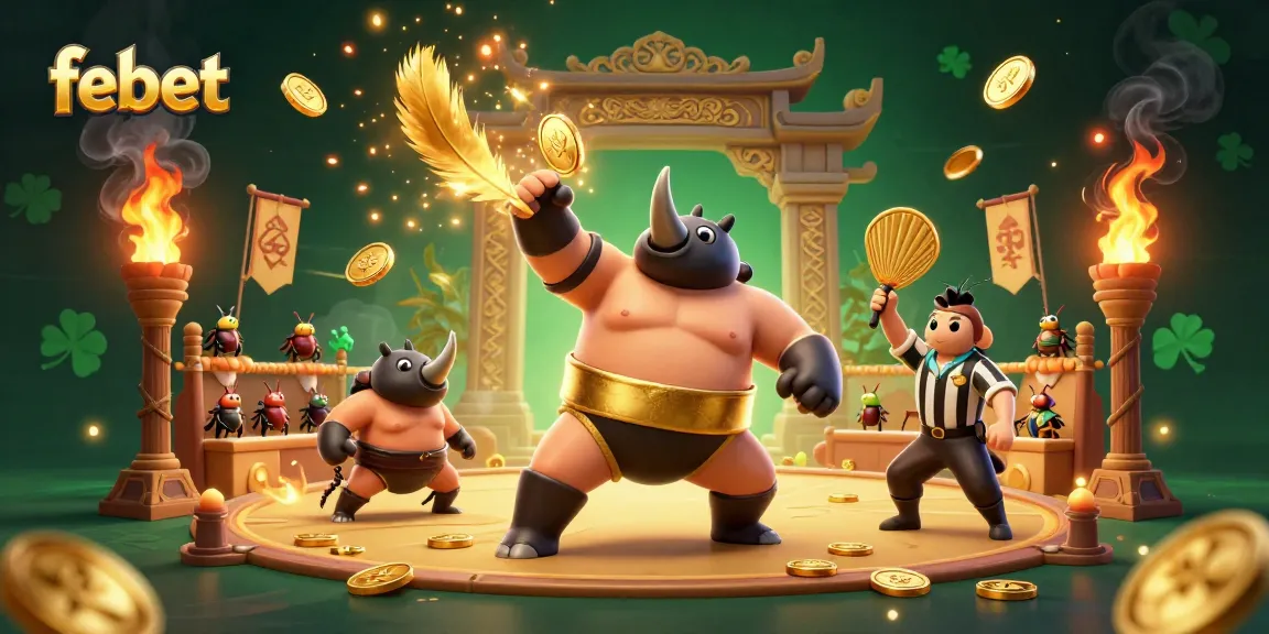 Experience thrilling moments at febet with a sumo beetle stomping and coins flying in a lively gaming arena.