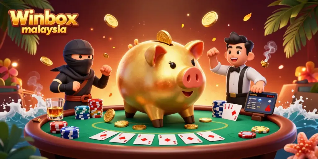 Experience the excitement of Winbox Malaysia with a dynamic battle between characters at a poker table.