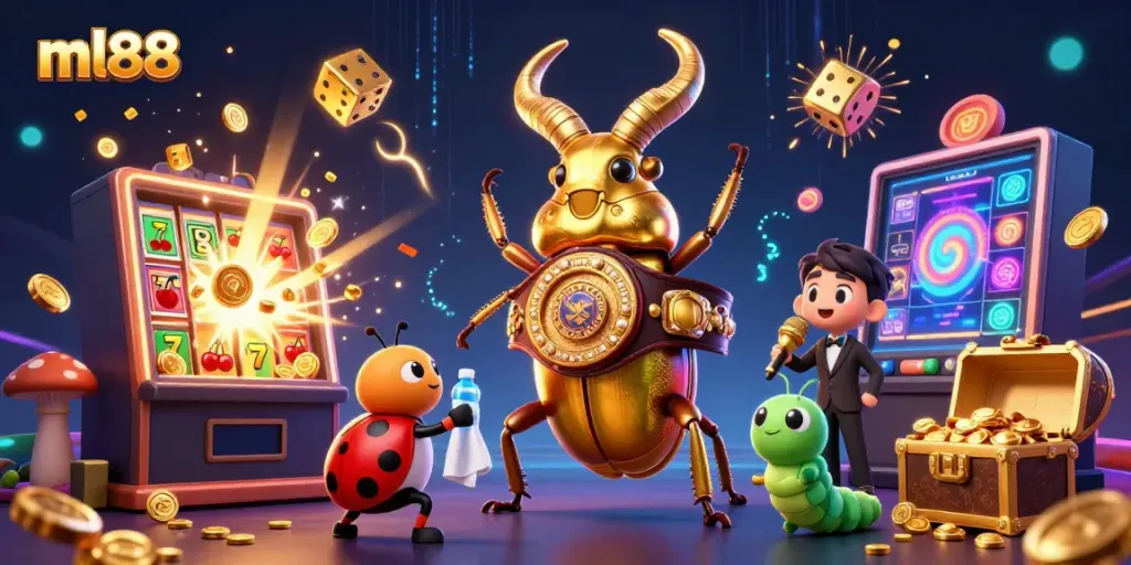 Engage with ml88's vibrant 3D casino scene featuring a unique beetle champion and exploding slot machine