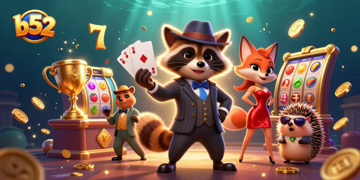 B52 casino game experience with a raccoon in a pinstripe suit and royal flush, showcasing slot reels.