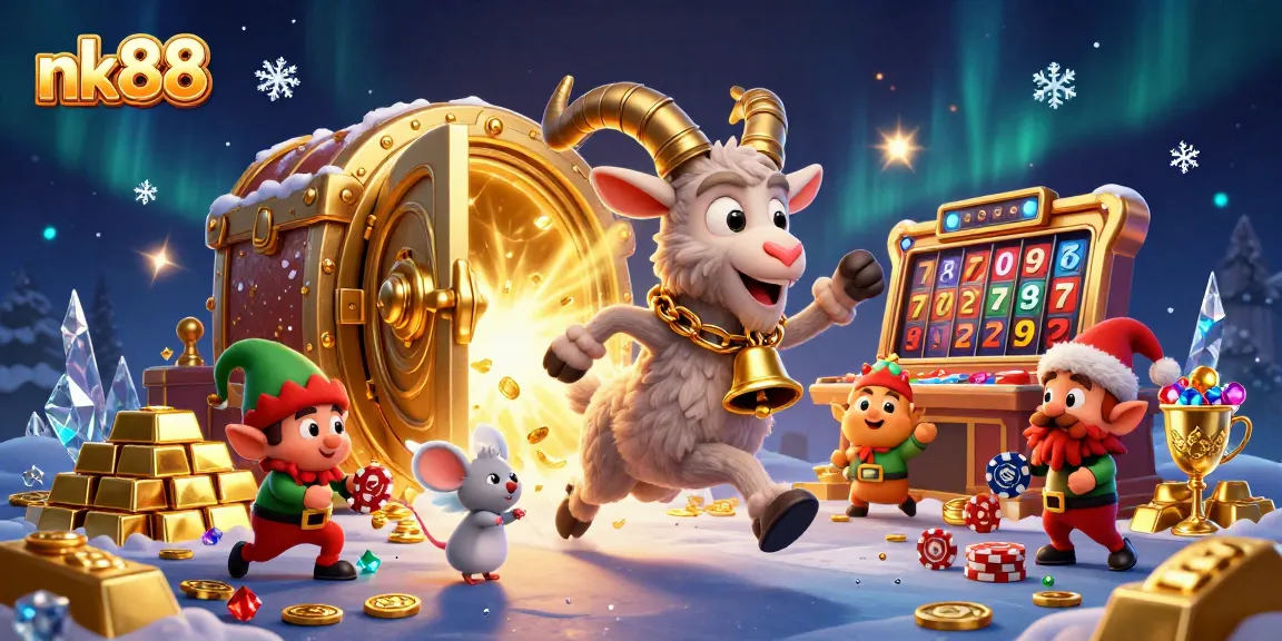 Engage with nk88 in a vibrant casino setting featuring Krampus, angel mouse, and mischievous elves.