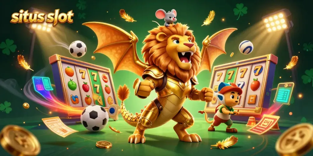 Permainan situs slot dengan simbol beruntung dan emas dalam ilustrasi 3D yang menarik.