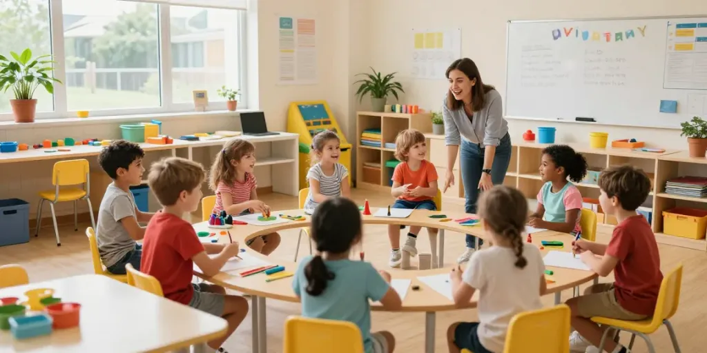 Children learning in a bright preschool classroom at https://podarprep.com/locations, showcasing engaging activities and joyful interactions.