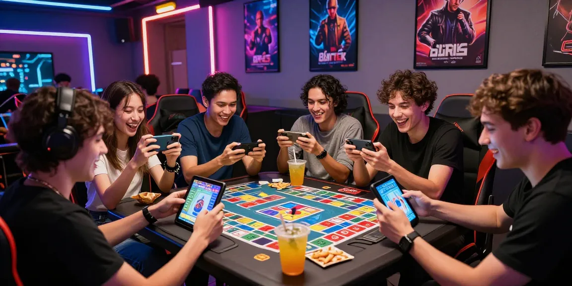 Group of friends enjoying an online game session with Card Rummy in a vibrant gaming lounge.