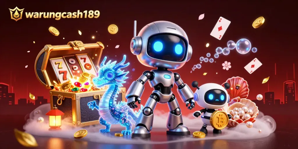 Play and win with warungcash189 at a vibrant casino environment featuring animated characters and gambling elements.