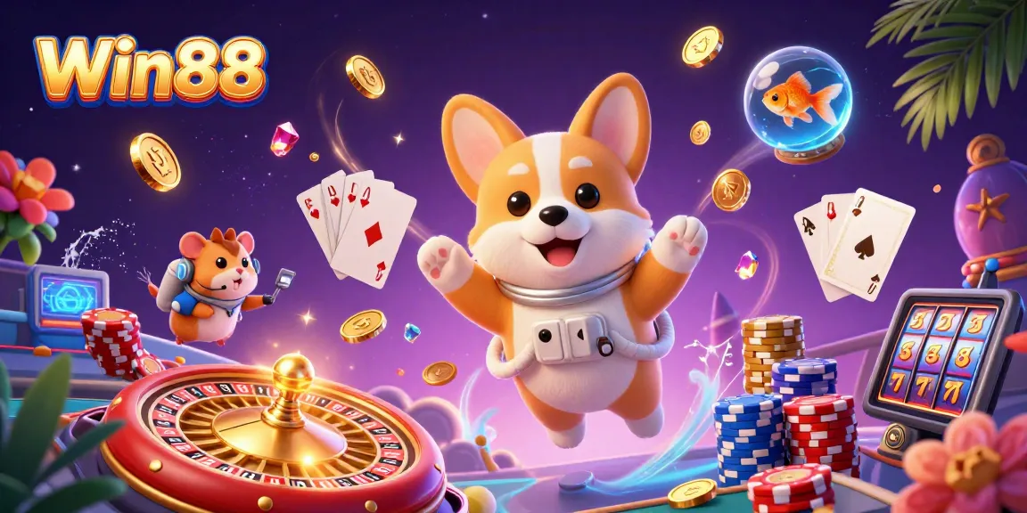 Engage with Win88 in a vibrant space casino, featuring floating poker chips and playful characters.