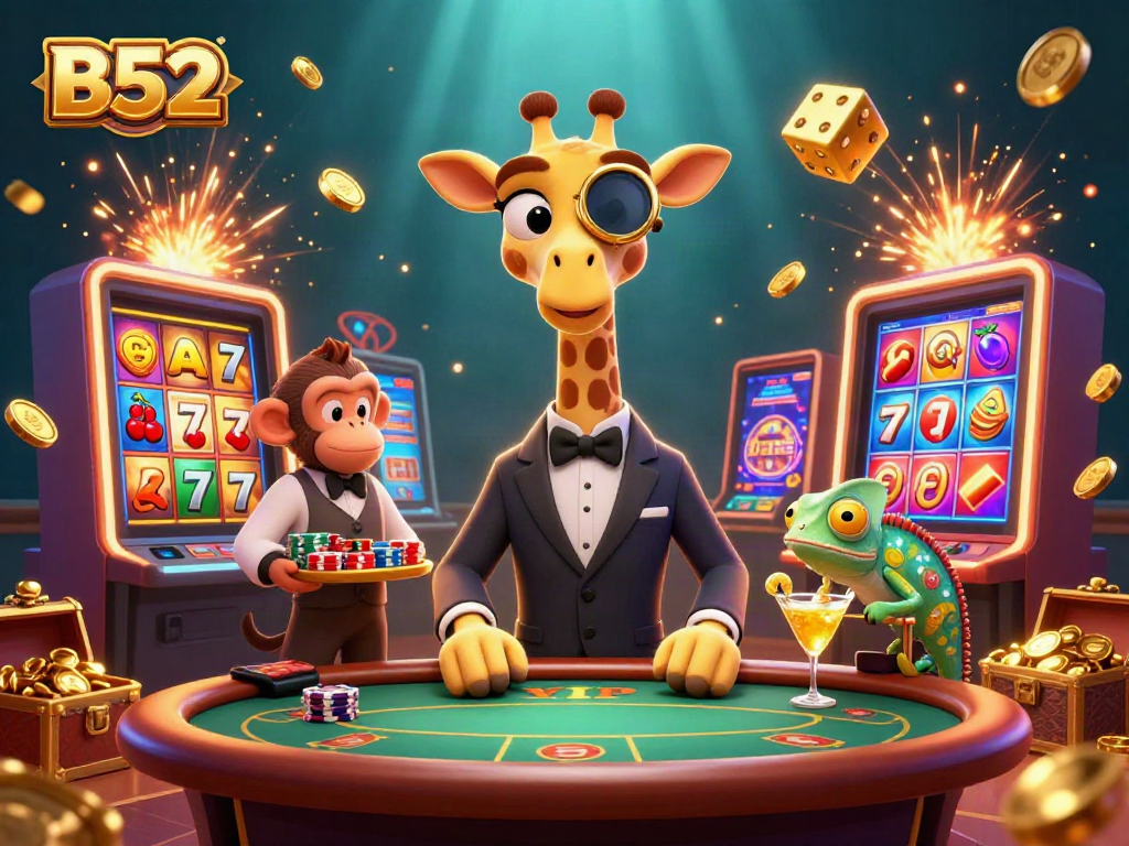 Join the B52 high-roller giraffe and friends in an exciting casino scene filled with slots and jackpots.
