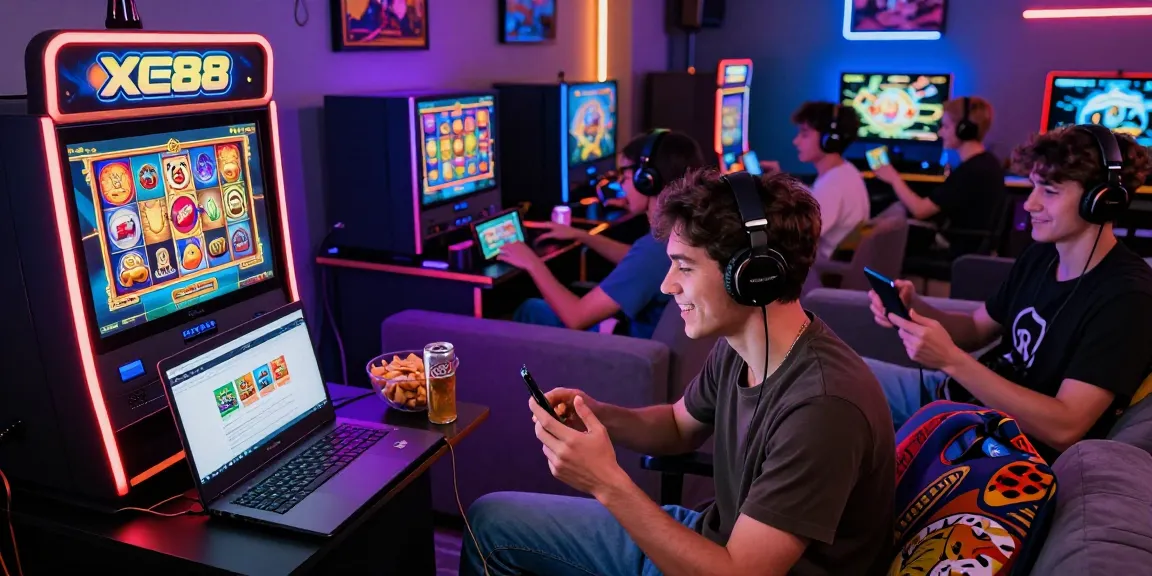 Exciting gaming scene with players using XE88 APK for mobile slot games in a vibrant atmosphere.