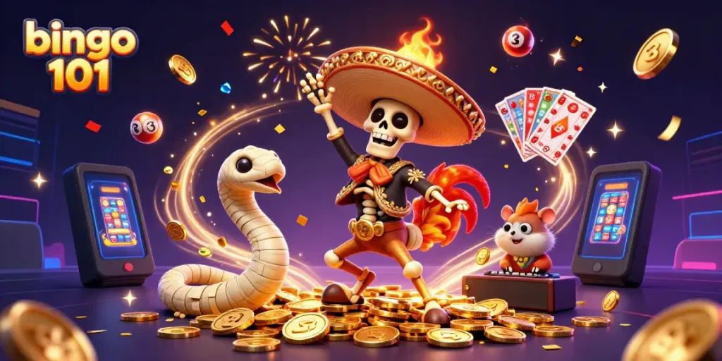 Engage in thrilling bingo 101 action with vibrant characters, bouncing bingo balls, and colorful cards.