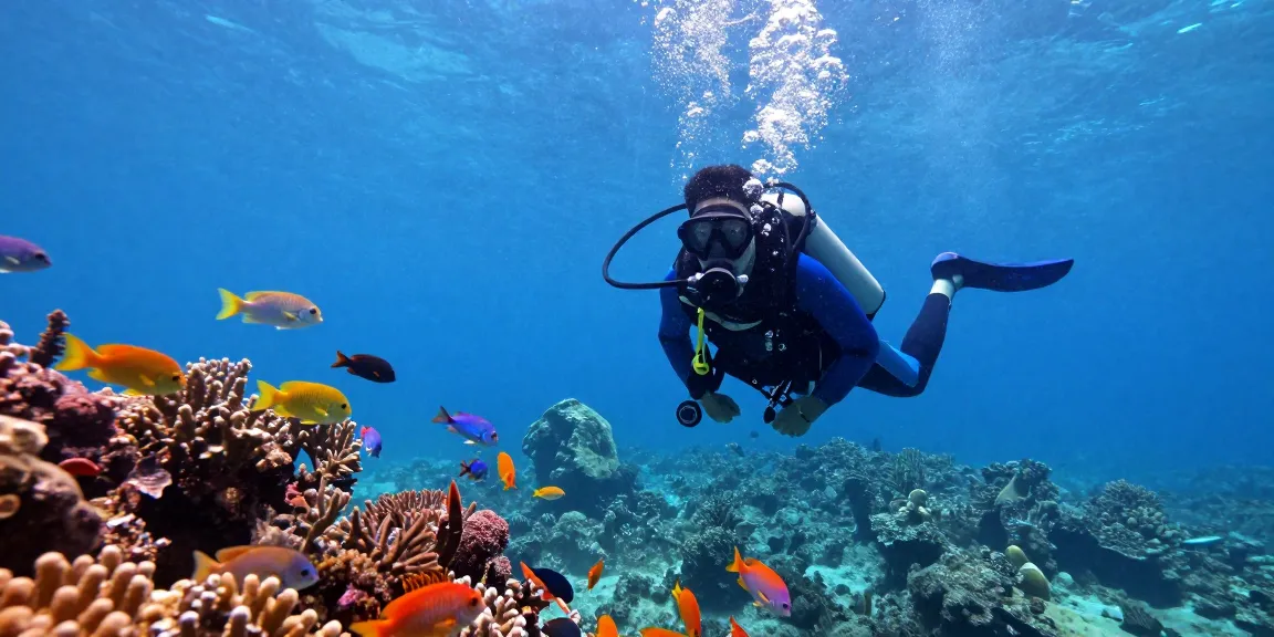 Momen terjun4d yang mengesankan saat penyelam menyelam di lautan biru dikelilingi ikan dan terumbu karang.