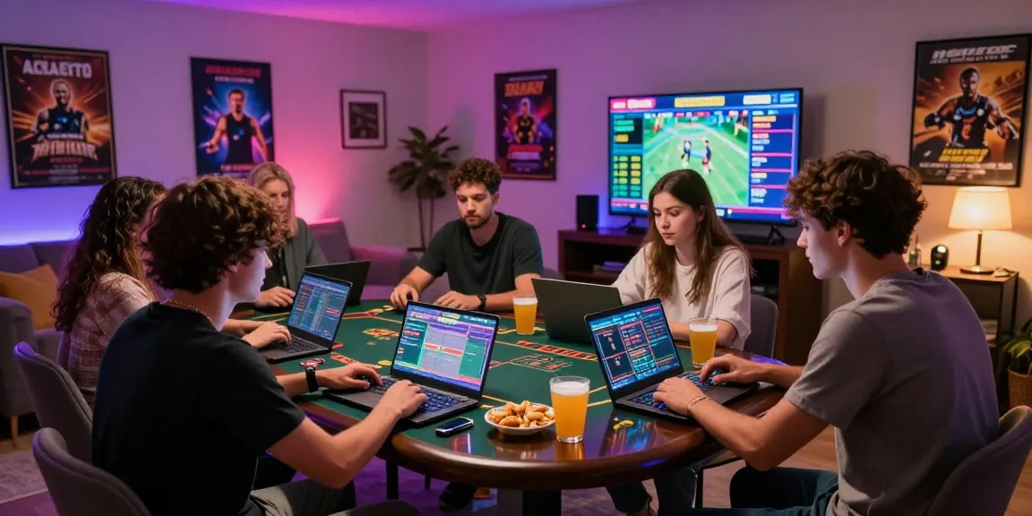Engaging gambling game room scene with friends using ทางเข้าfun88 ล่าสุด ไม่โดนบล็อก for online betting.