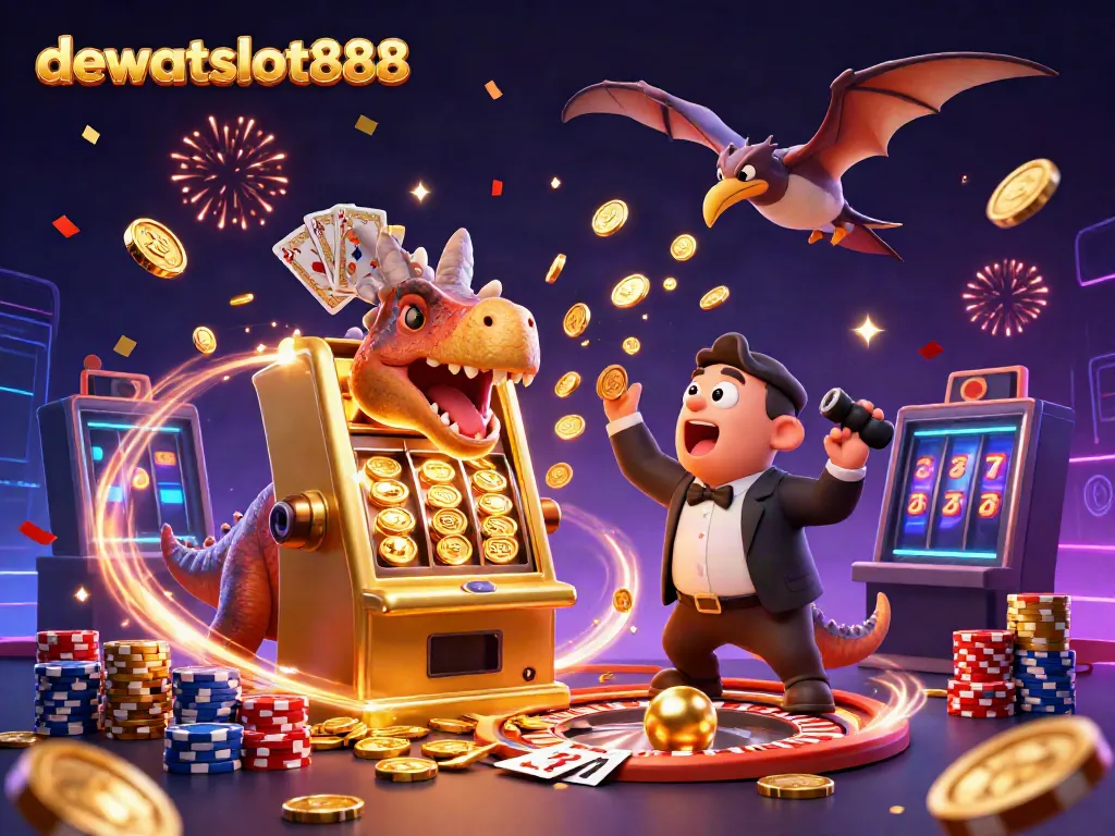 Permainan jackpot di dewataslot888 dengan dinosaur dan mesin slot, koin terbang di sekeliling.