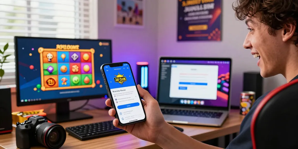 Engaging Jai Club login scene with a player enjoying the gaming app, showcasing colorful game graphics and an inviting setup.