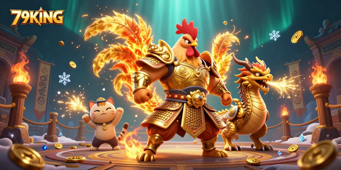Engage with 79KING's dynamic fighting scene featuring a brave rooster and dragon in vibrant armor.