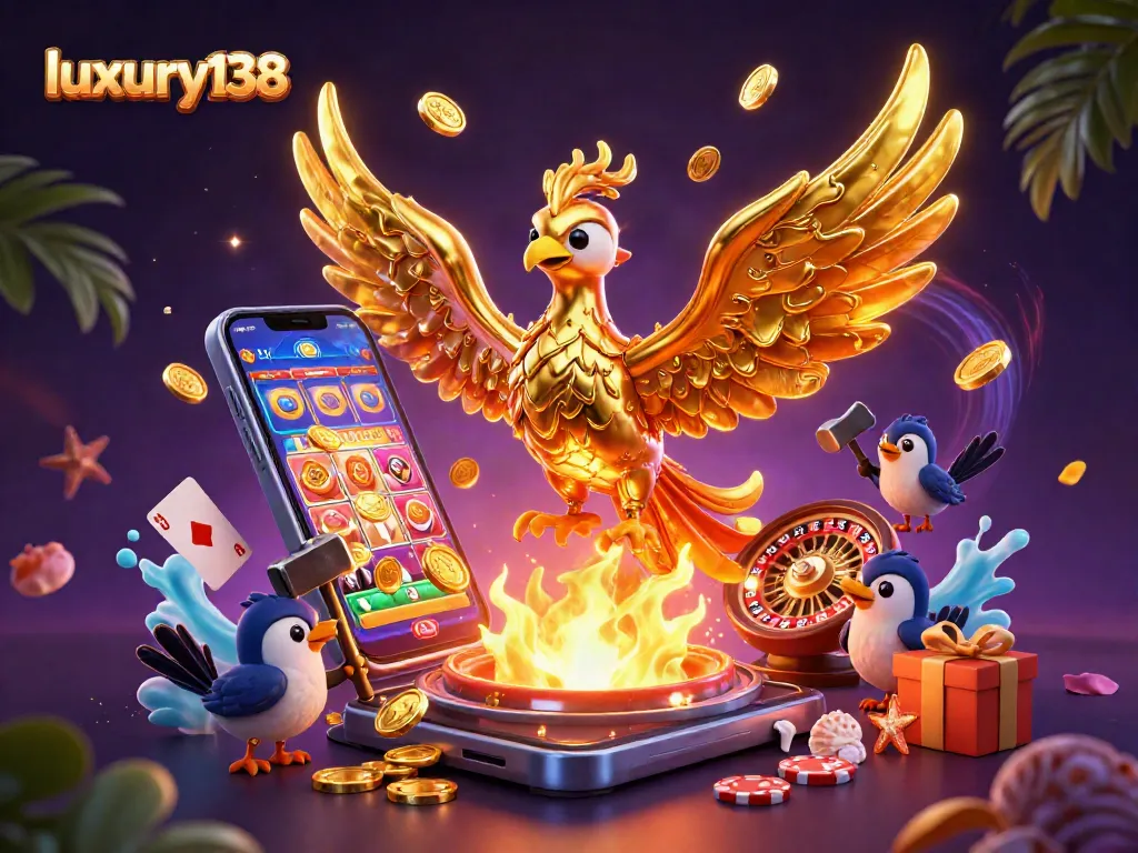 Experience luxury138's vibrant game action with thrilling 3D casino illustration featuring gold coins erupting.