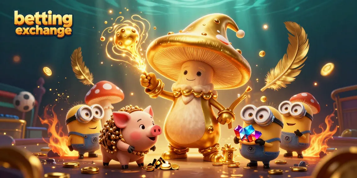 Place real bets on the lively betting exchange scene with betting tokens and vibrant characters.