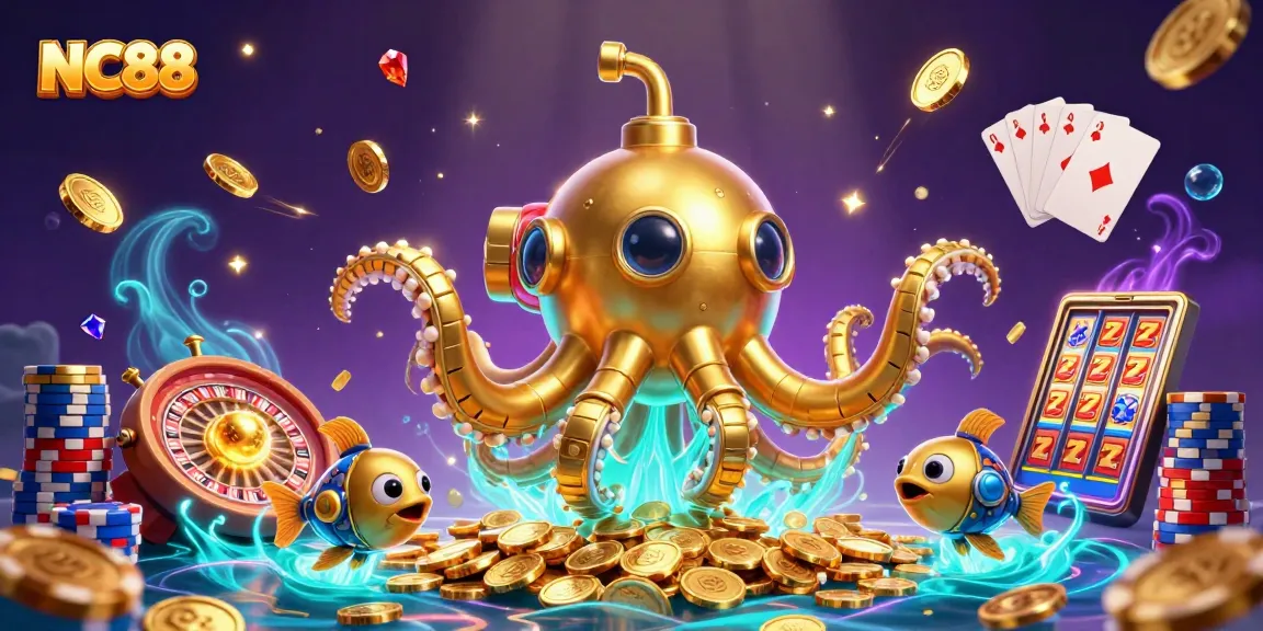 Experience thrill at NC88 with golden kraken submarine in a vibrant casino world.